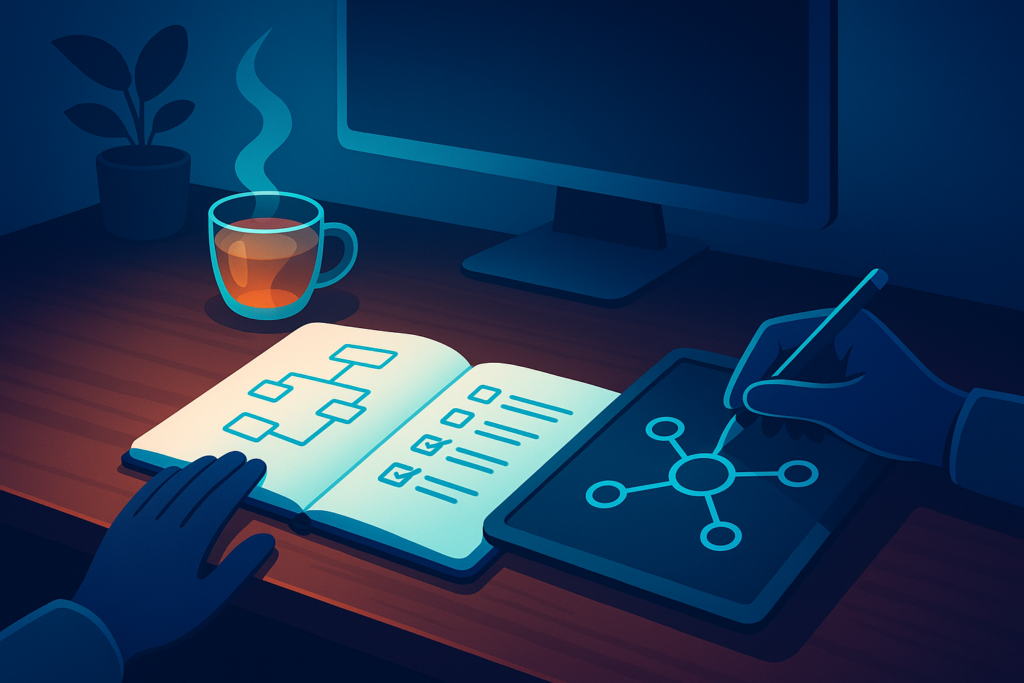 Dark tech workspace with notebook, herbal tea, and digital tablet on wooden desk in neon glow.