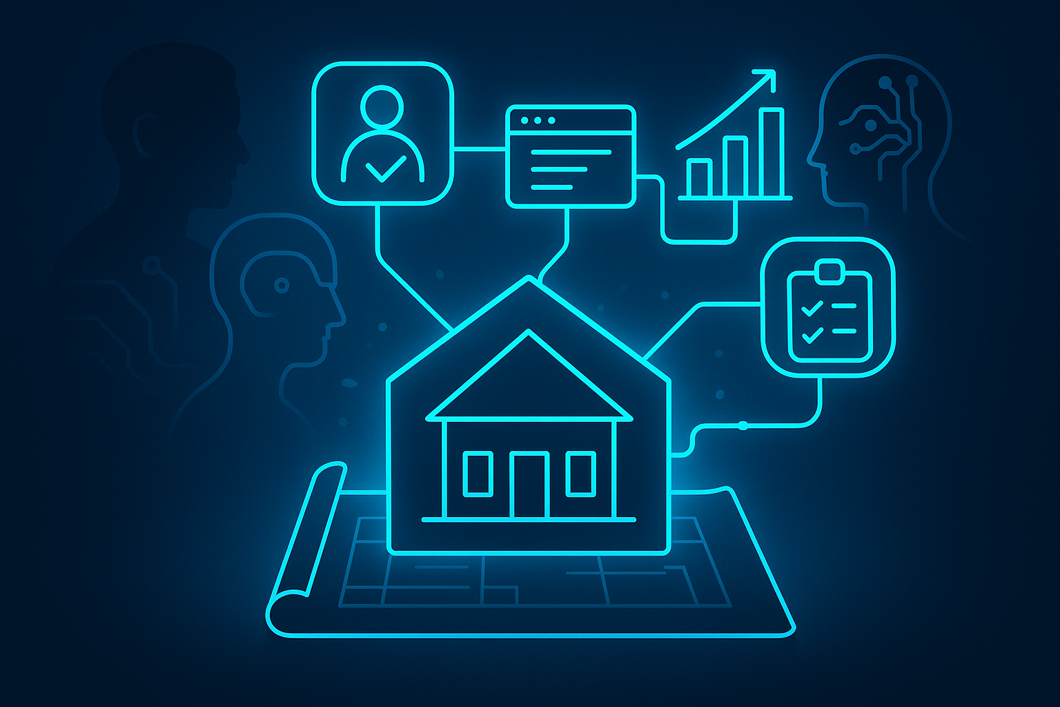 Digital house blueprint over glowing network icons, human silhouettes, and AI circuits on dark blue gradient background.