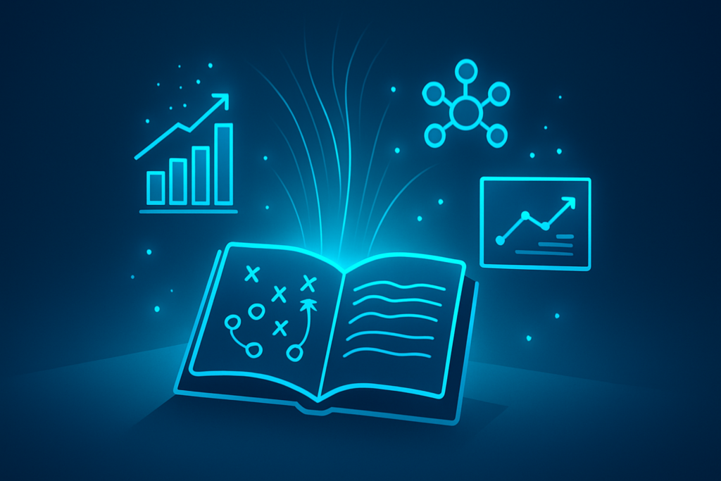Digital playbook with holographic charts and data streams on reflective surface, neon glow.