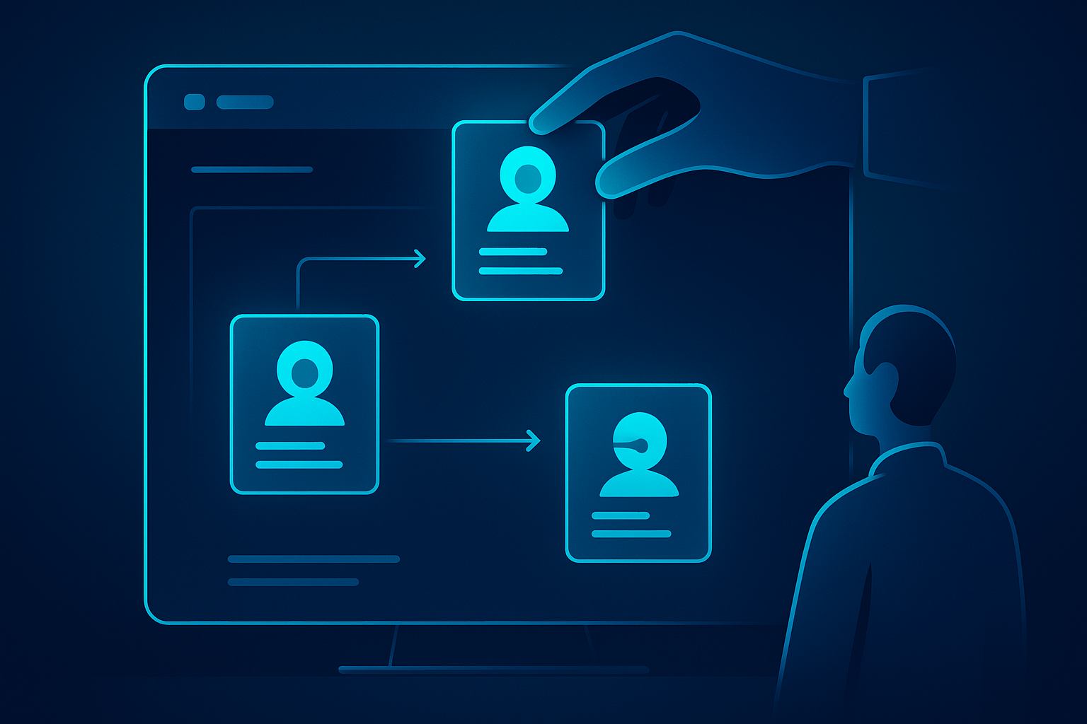 Digital talent dashboard with profile movements and re-entry in neon-lit dark theme.