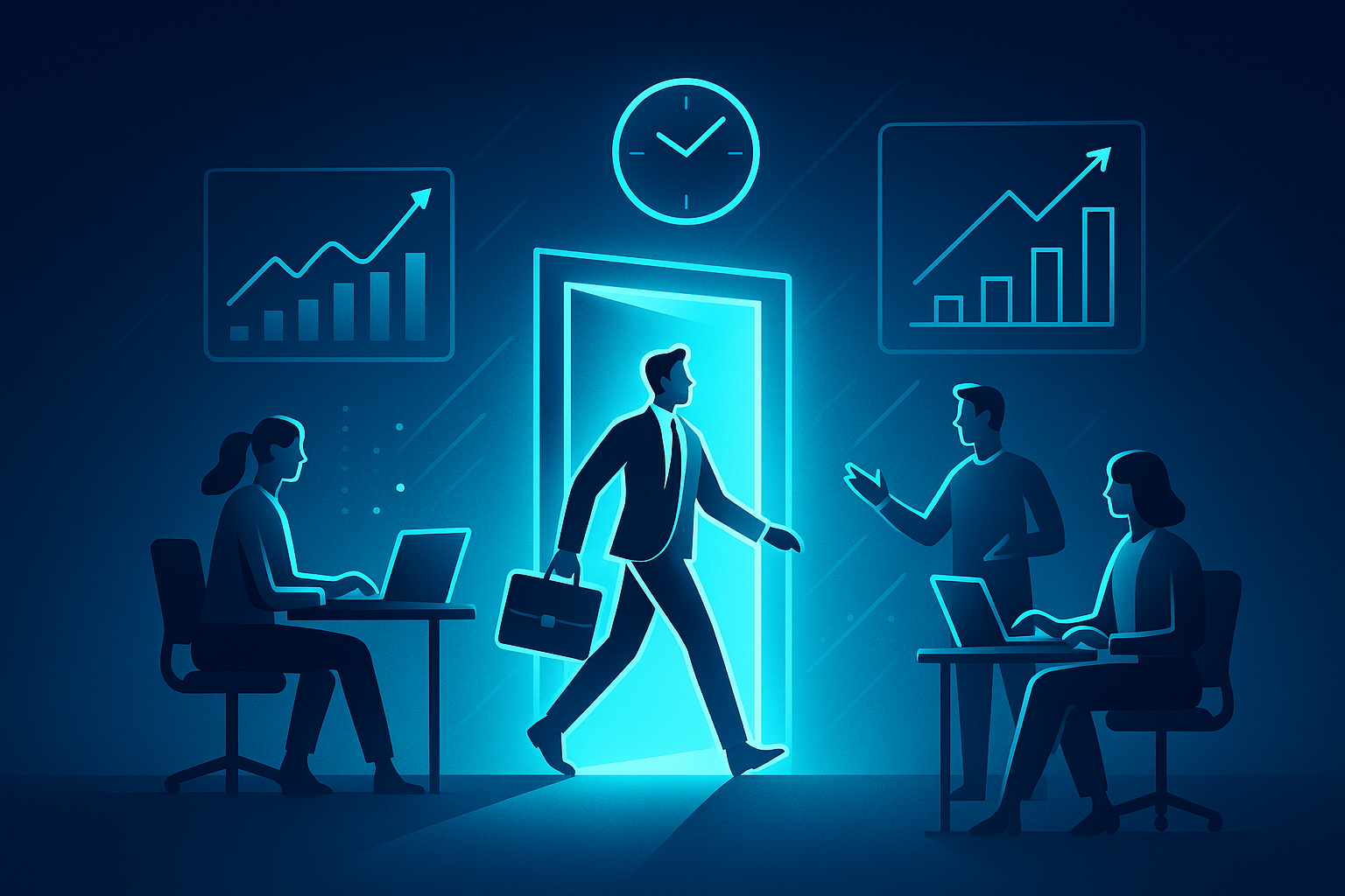Diverse professionals exchanging roles near glowing doorway with holographic growth charts and clock.