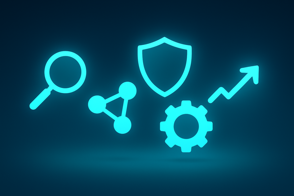 Five glowing icons (magnifying glass, nodes, shield, gear, arrow) on a dark gradient background.