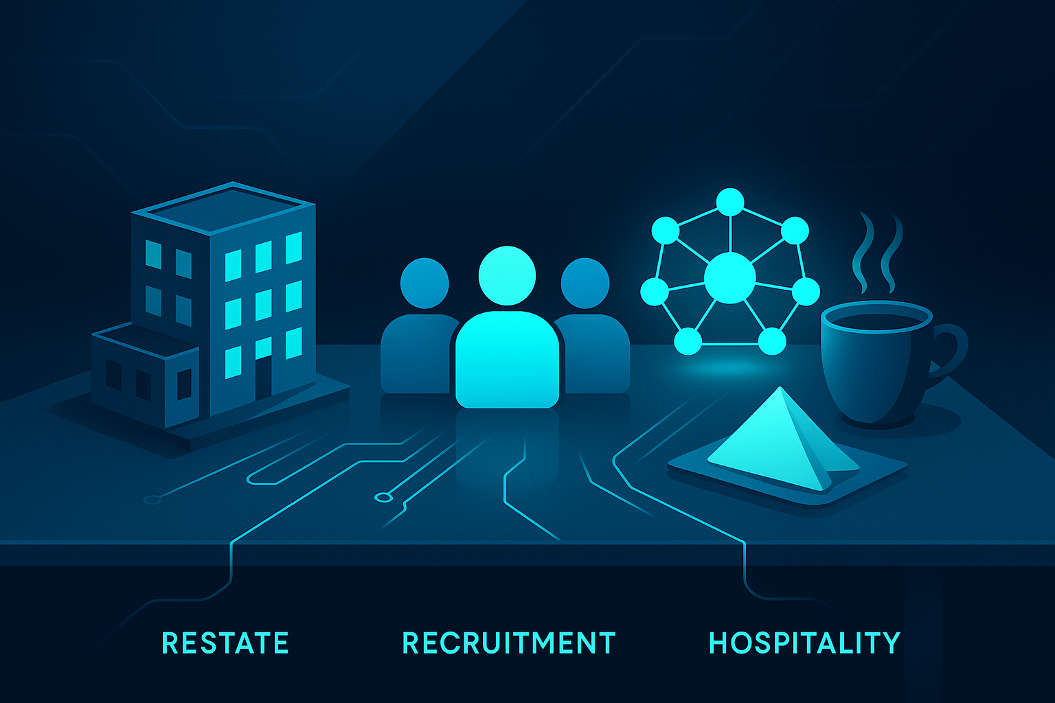 Flat illustration of a glass table with real estate, recruitment, fundraising, and hospitality icons connected by AI circuit lines.