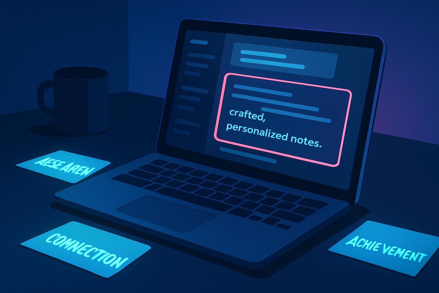 Flat illustration of a laptop with notes and messages on a neon-lit, tech-inspired workspace.