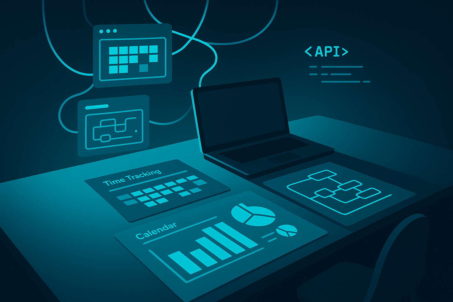 Neon-lit workspace illustration with digital dashboards and AI workflow charts.