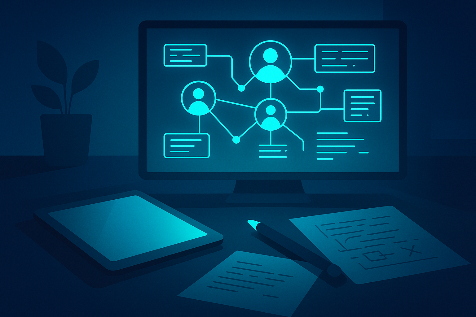 Flat illustration of a neon-lit workspace with holographic customer profiles and strategic notes.