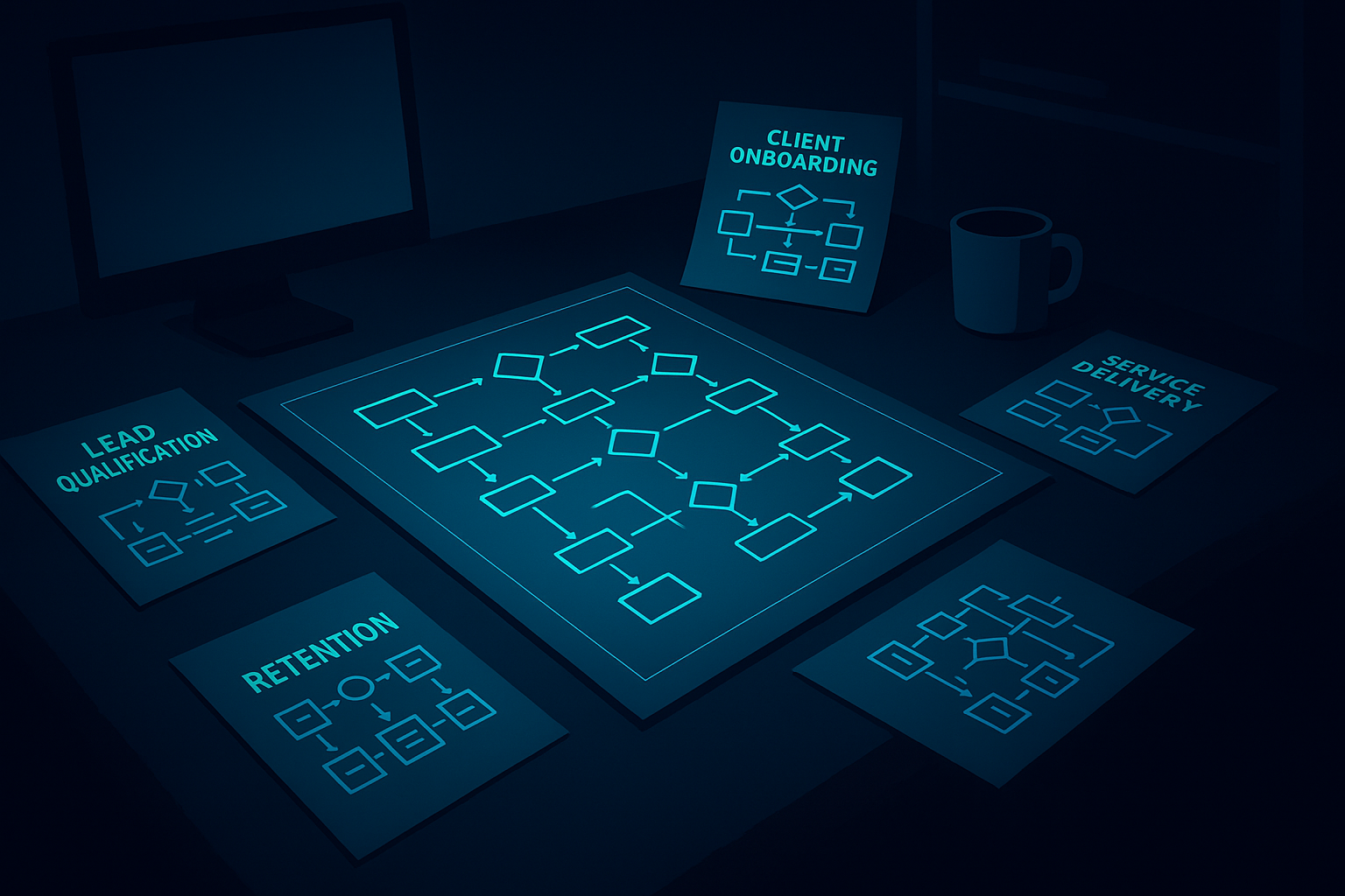 Flat illustration of a workspace with digital blueprints and flowcharts illuminated by cyan neon light.