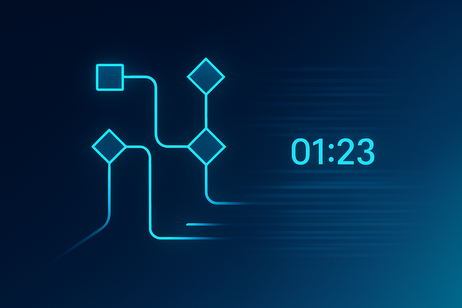 Flat-illustration of glowing circuit pathways, geometric nodes, digital clock, and data streams on dark blue gradient background.