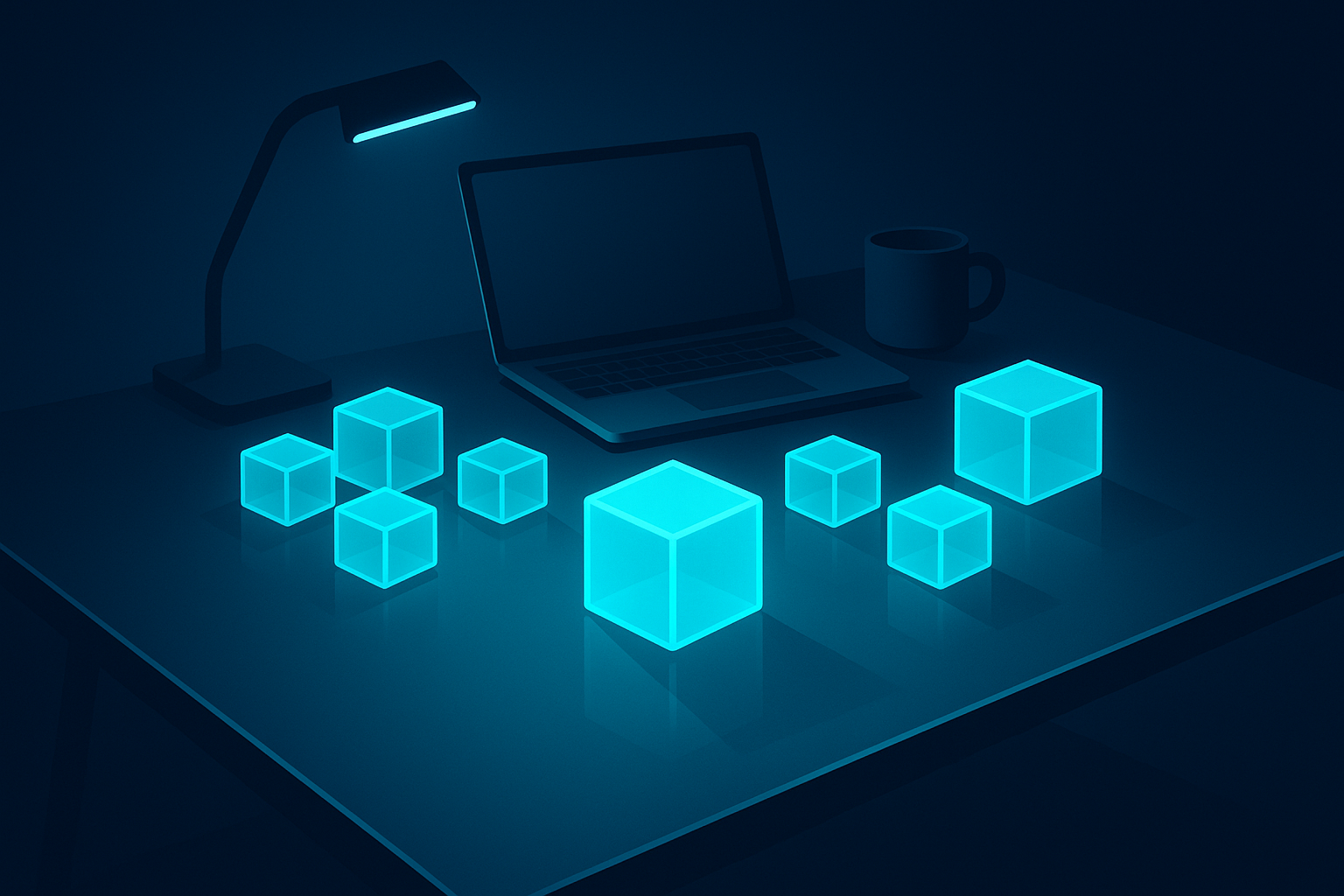 Flat illustration of glowing data cubes on a glass table in a dark blue workspace with cyan highlights.