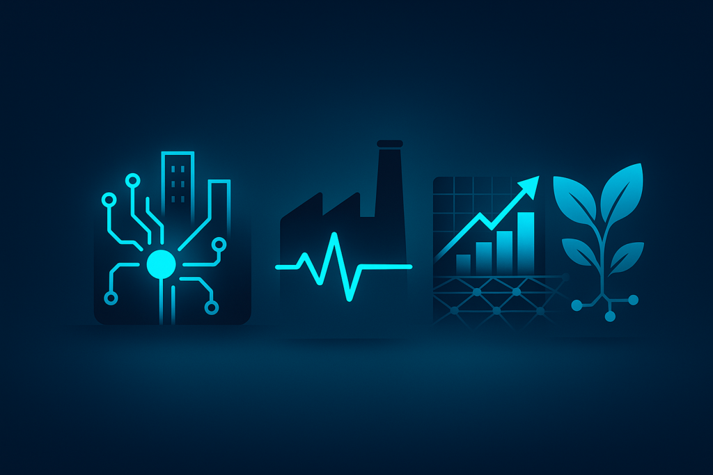 Flat illustration of industry icons with neon glow: city, factory, chart, leaf on dark gradient background.