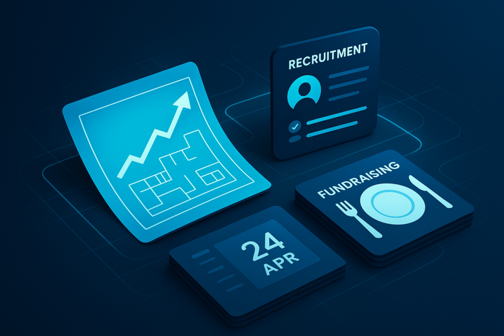 Flat illustration of interconnected growth elements with digital, architectural, and data themes in neon blue.