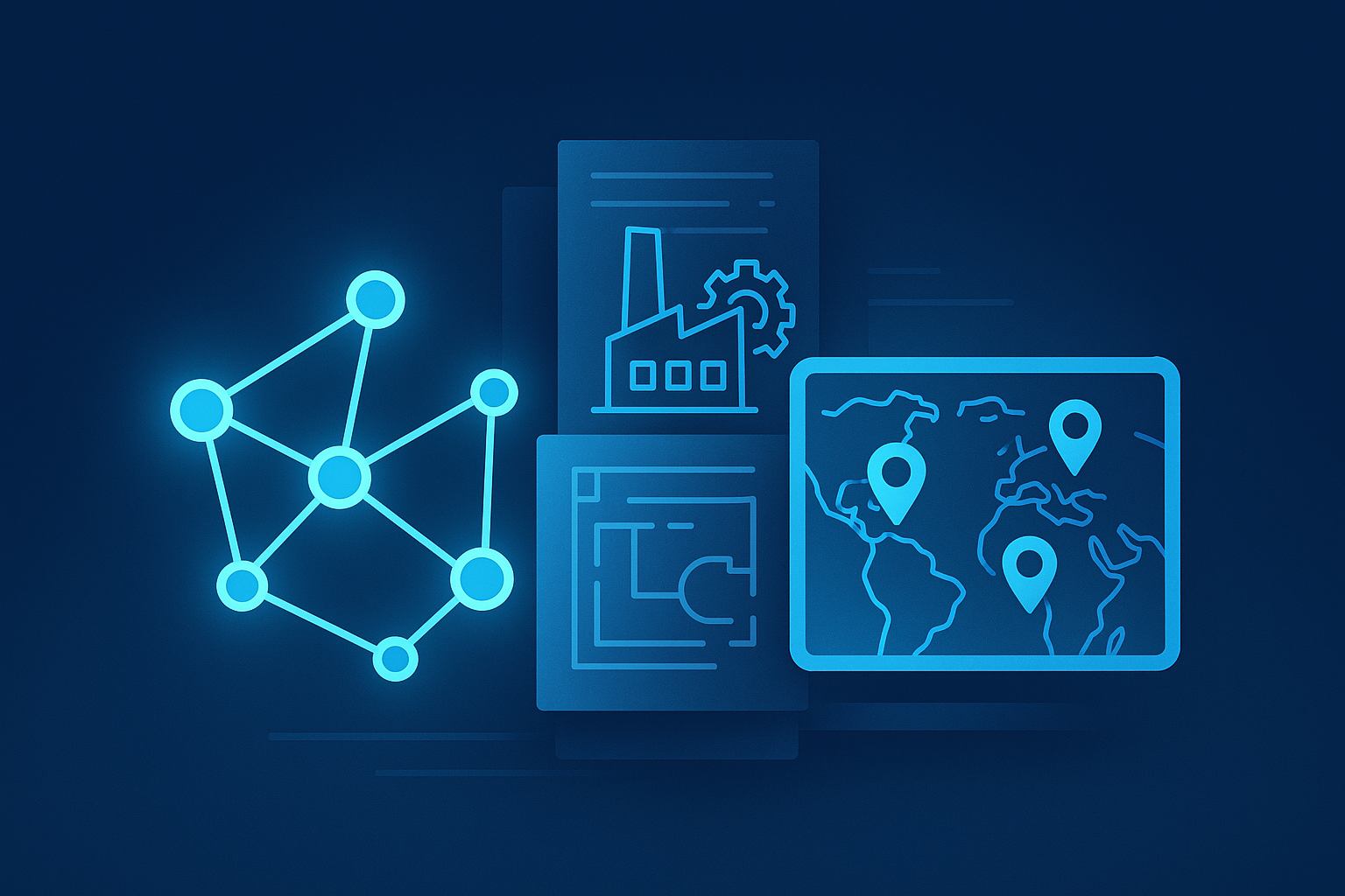 Flat illustration of interconnected nodes, industry schematics, and digital map on dark neon background.