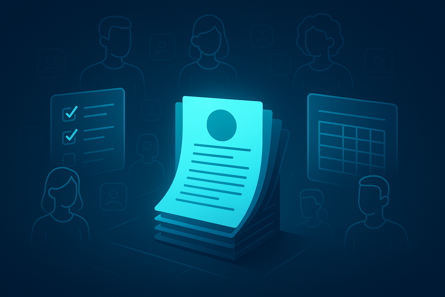 Flat illustration of resumes, holographic profiles, and digital checklists in a neon-lit tech workspace.