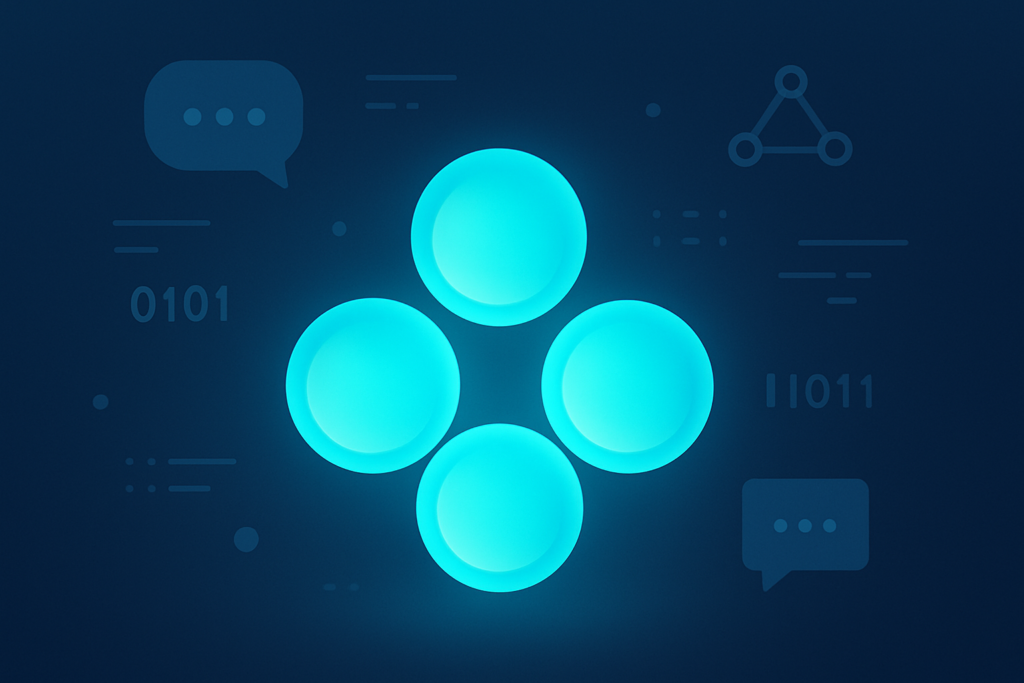 Flat tech workspace with glowing cyan orbs, floating communication symbols, and digital elements.
