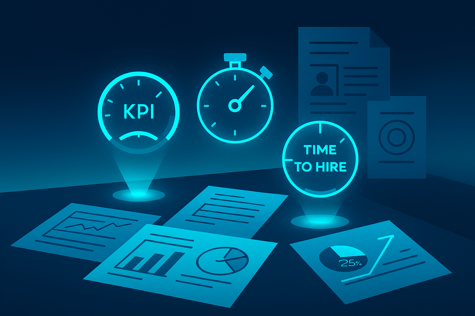 Flat tech workspace with holographic KPIs, blueprints, and digital charts in neon blue glow.