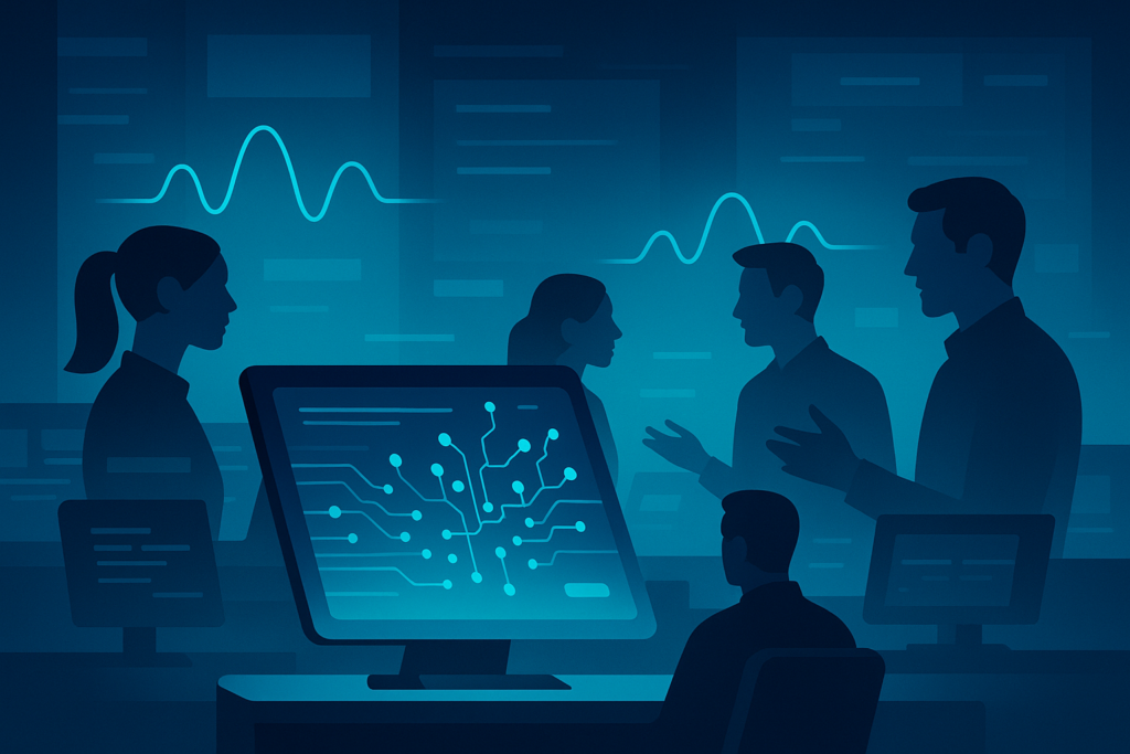 Futuristic command center with holographic data, human silhouettes, and glowing digital dashboard.