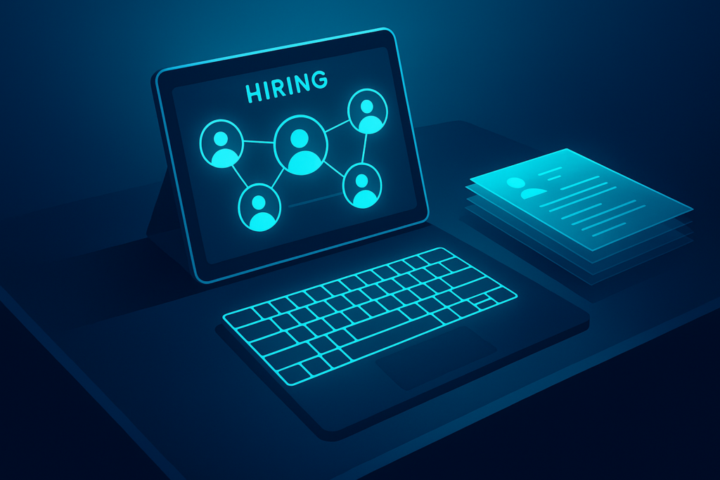 Futuristic hiring scene with digital tablet, holographic keyboard, resumes, and neon glow.