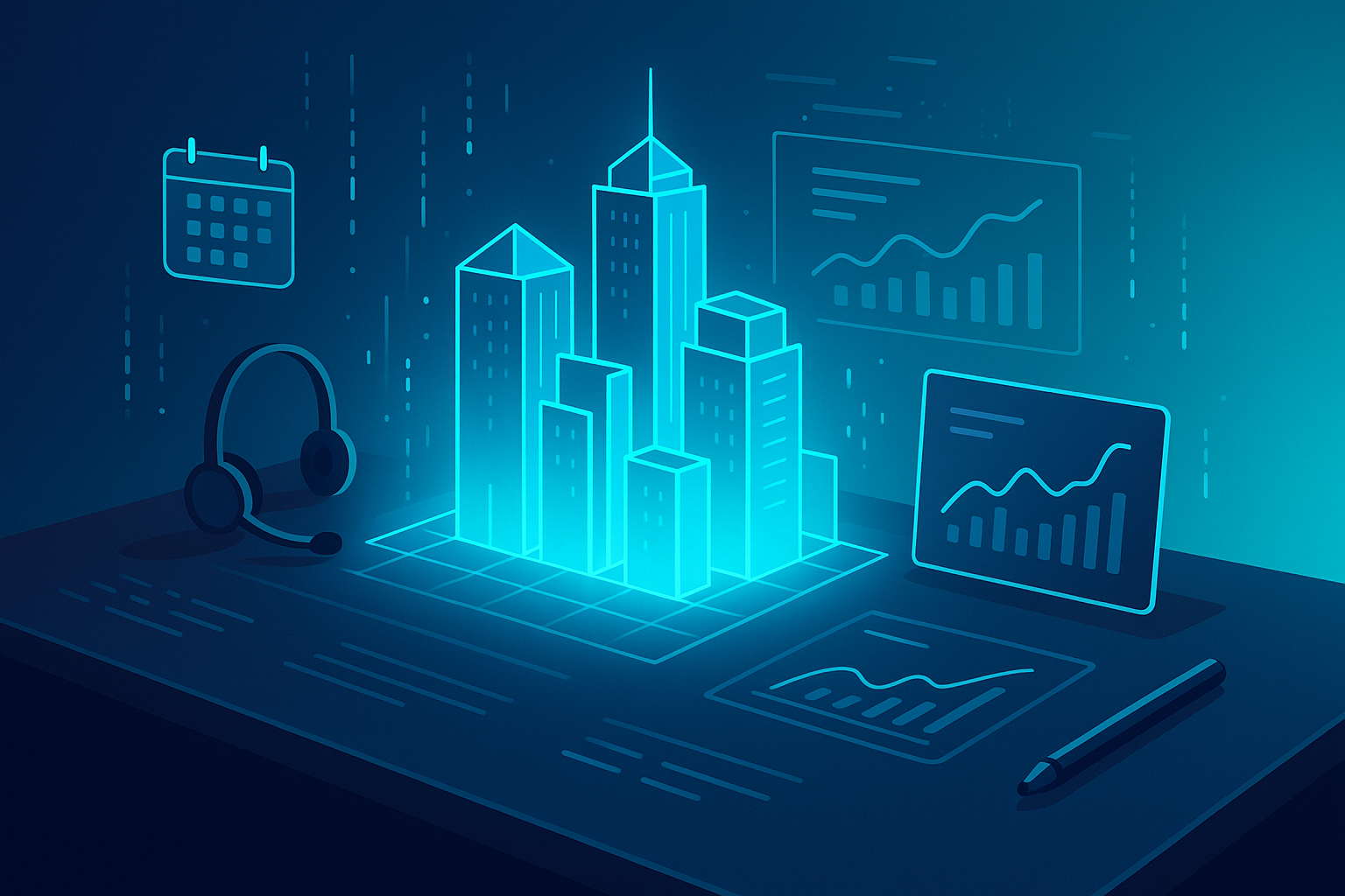 Futuristic realtor workspace with holographic city blueprint, digital data streams, and tech tools.