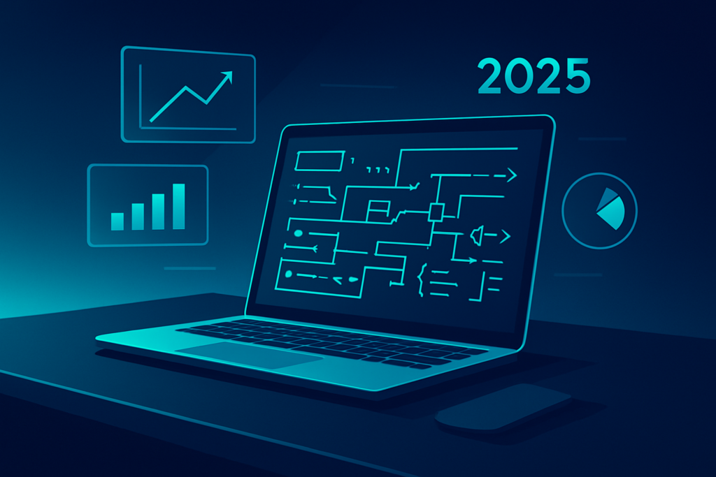 Futuristic workspace with digital blueprint, holographic charts, sleek keyboard, neon glow.