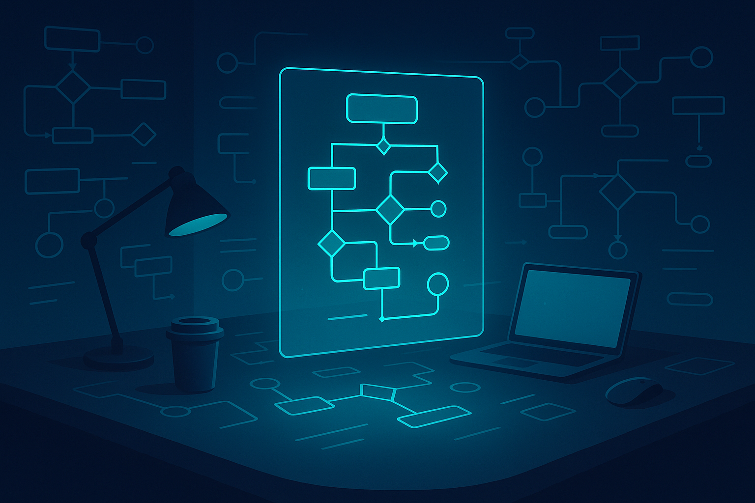 Futuristic workspace with digital blueprint, holographic flowcharts, and glowing pathway nodes.
