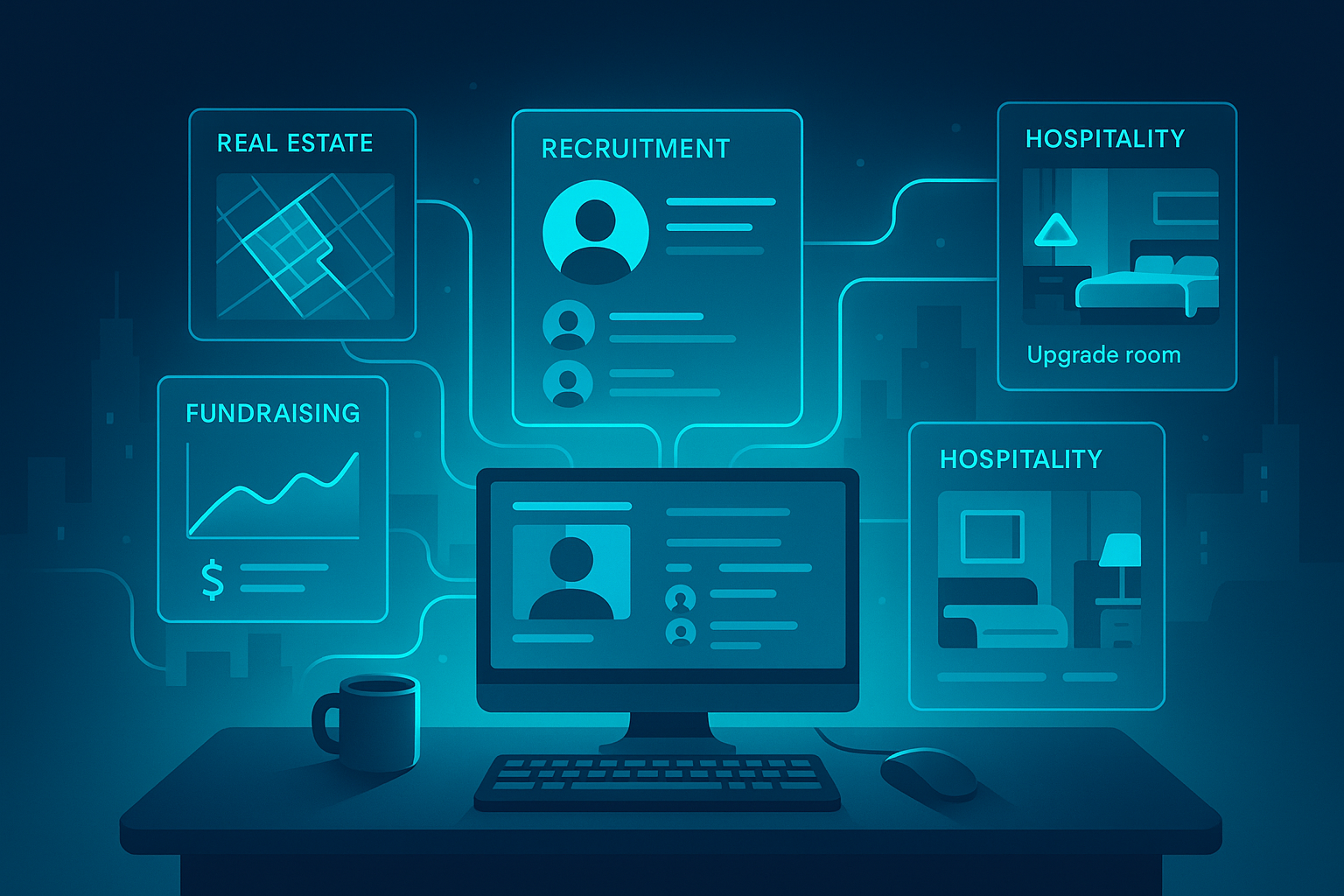 Futuristic workspace with floating data panels, neon glow, cityscape, and AI-connected icons.