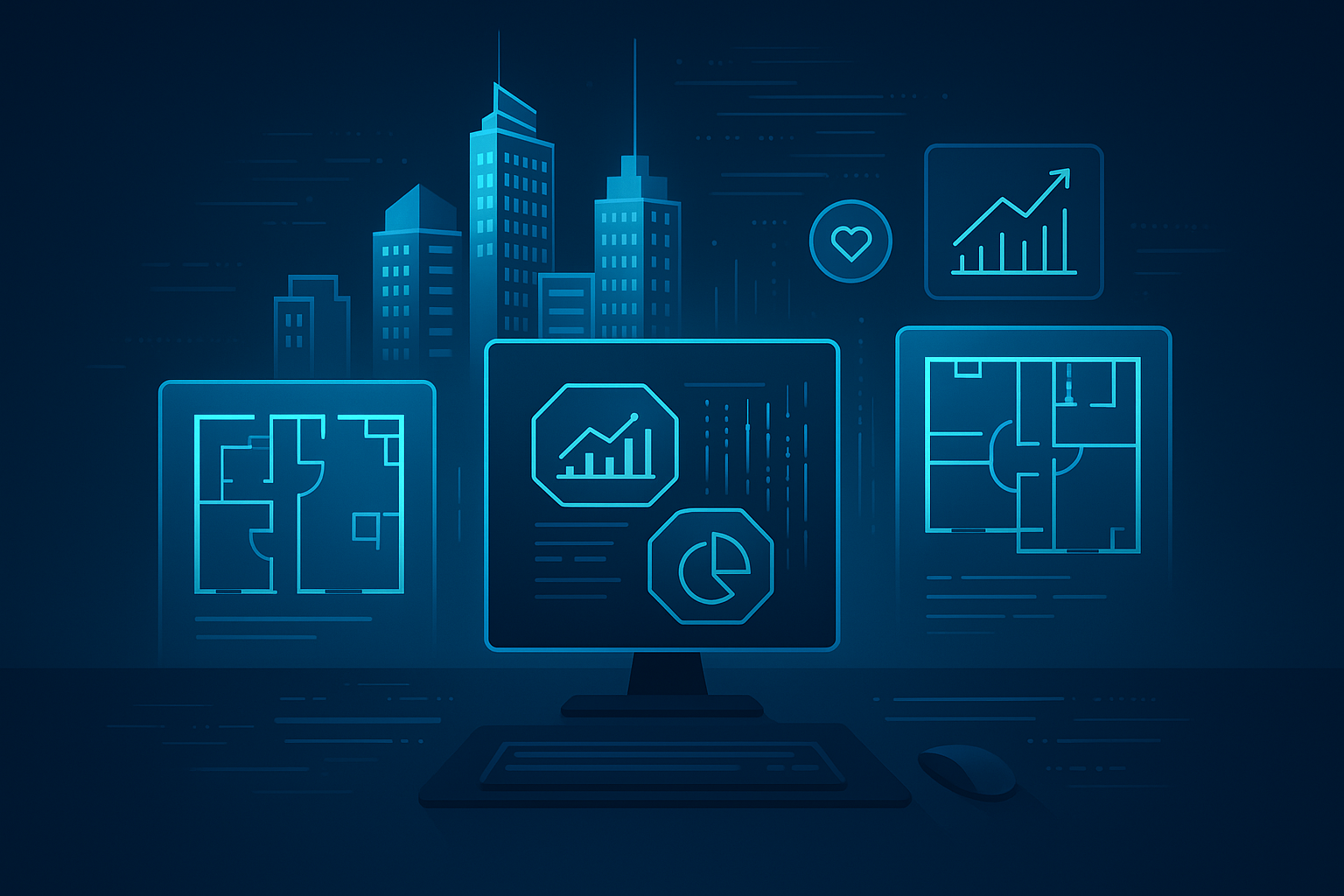 Futuristic workspace with floating digital cityscapes, blueprints, data streams, and market graphs.