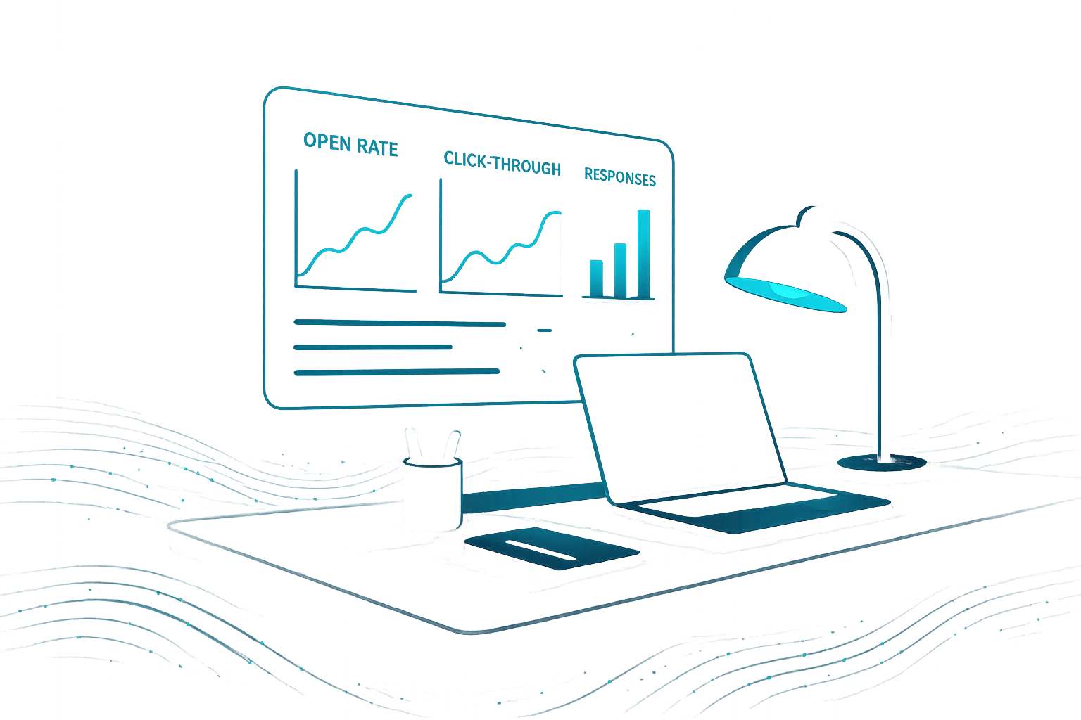 Futuristic workspace with floating digital dashboard displaying glowing engagement metrics and data streams.