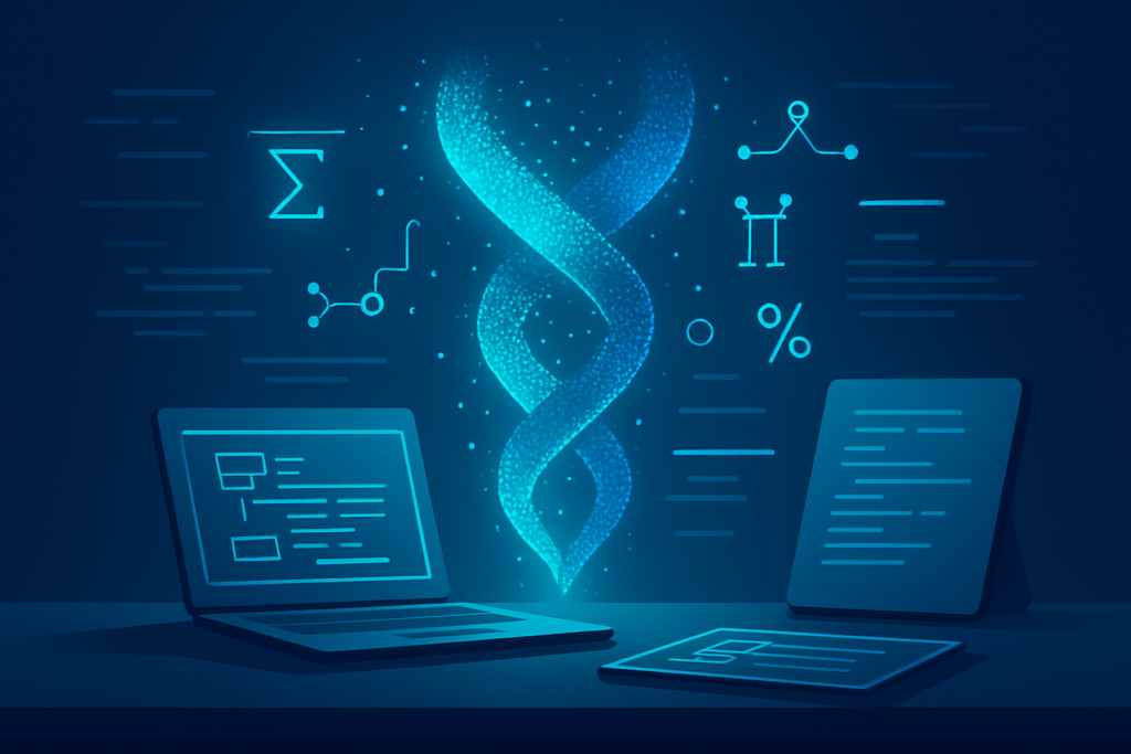 Futuristic workspace with glowing cyan and blue holographic data streams and digital schematics.