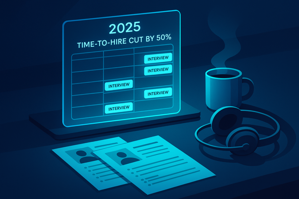 Futuristic workspace with holographic calendar, headset, coffee, resumes, illuminated by neon blue light.