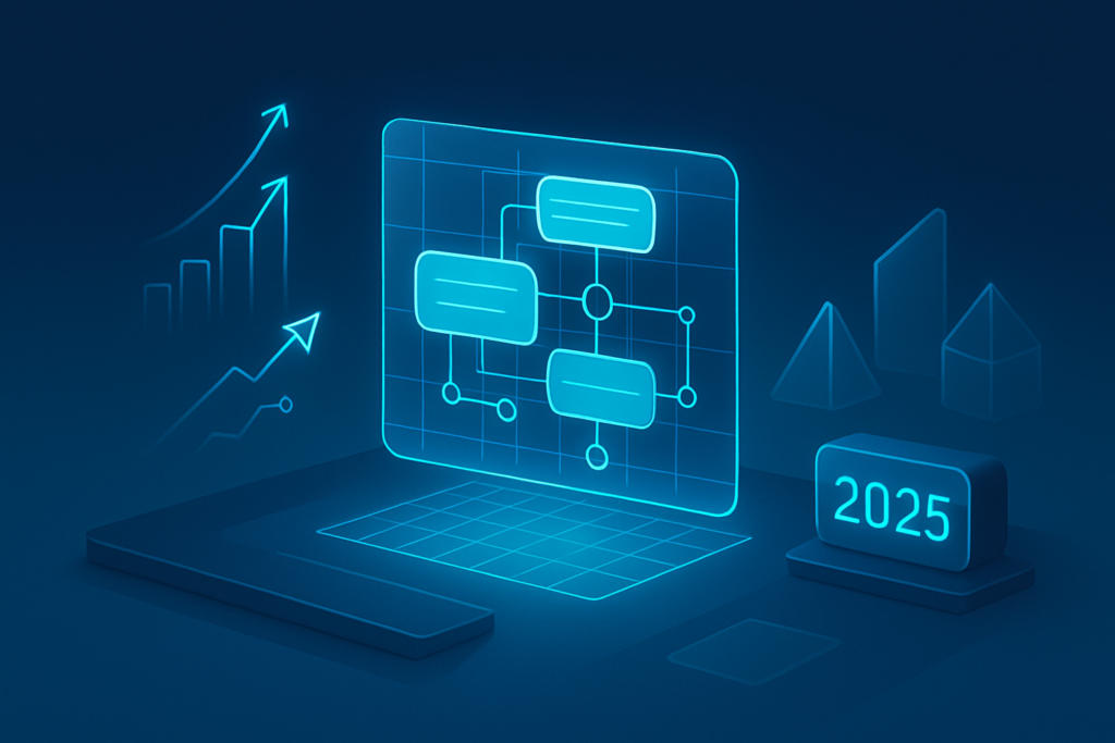 Futuristic workspace with holographic chat blueprint, upward arrow, digital clock, and geometric shapes.