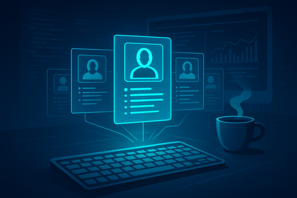 Futuristic workspace with holographic digital resumes, keyboard, coffee, and flowing data analytics.