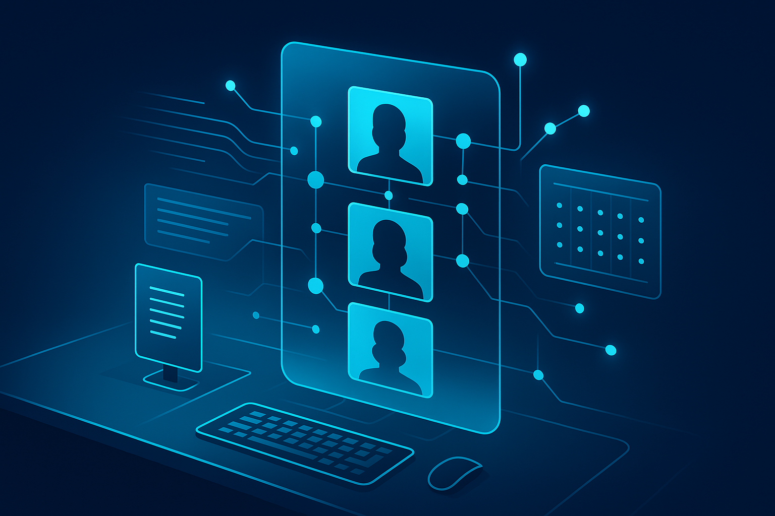 Futuristic workspace with holographic interface displaying AI-driven recruitment workflows and data streams.