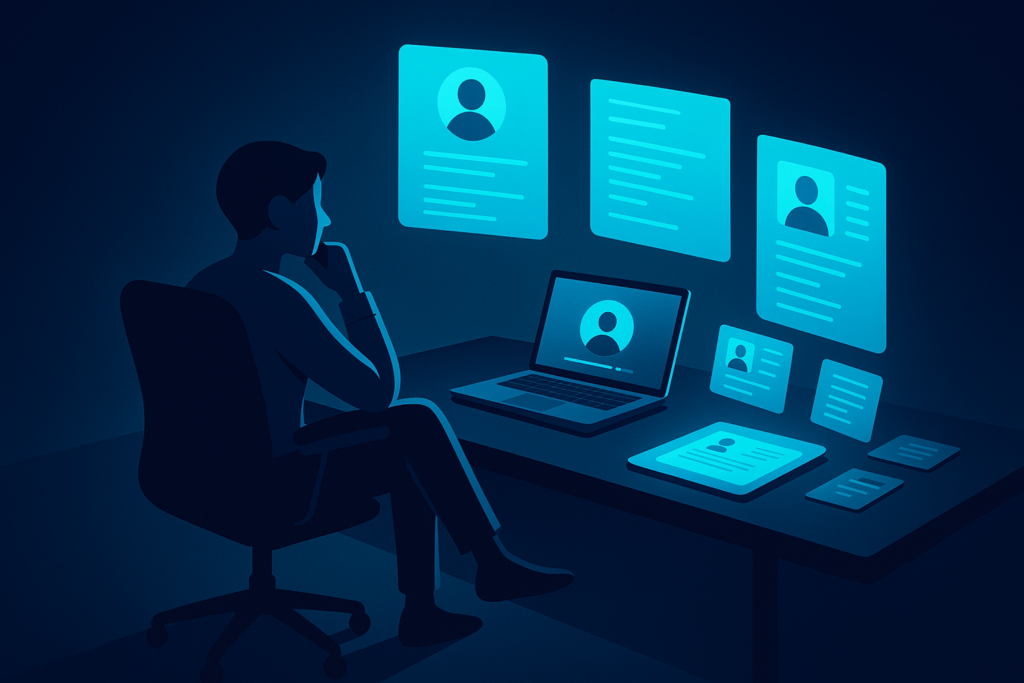 Futuristic workspace with laptop, digital notepad, and holographic resumes under neon glow.
