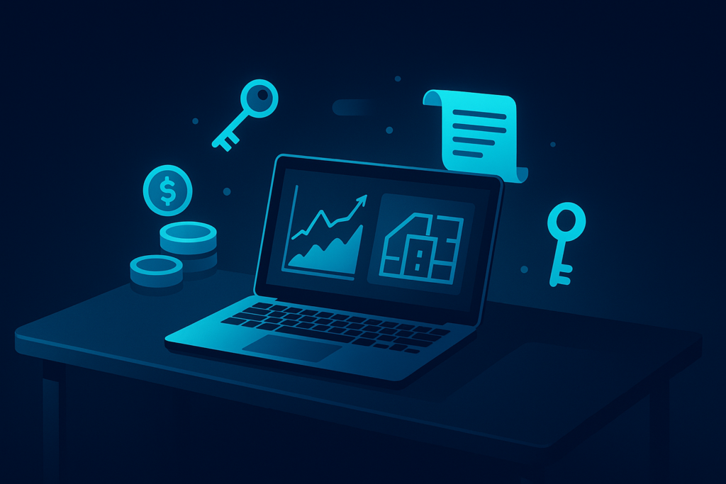 Futuristic workspace with laptop displaying graphs, holographic icons of keys, coins, and scrolls.