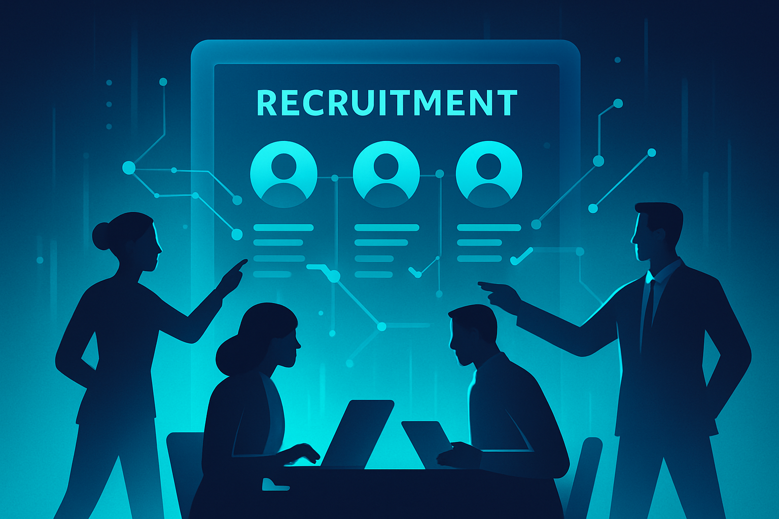 High-tech recruitment workspace with digital dashboard, diverse professionals, and glowing data streams.