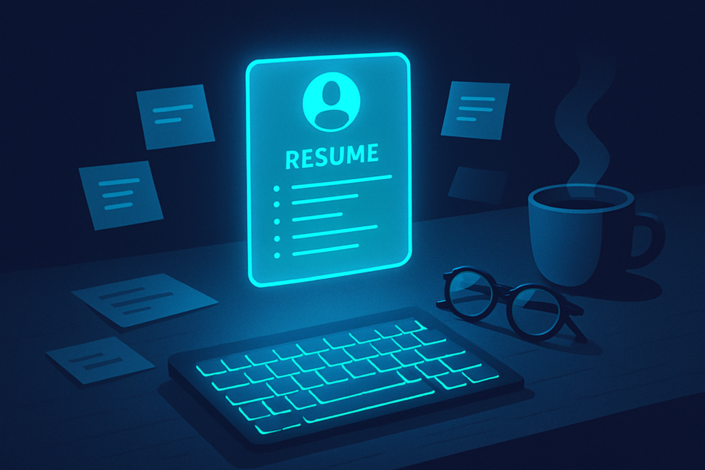 Holographic resume on dark desk with glasses, coffee, digital notes, and cyan highlights.
