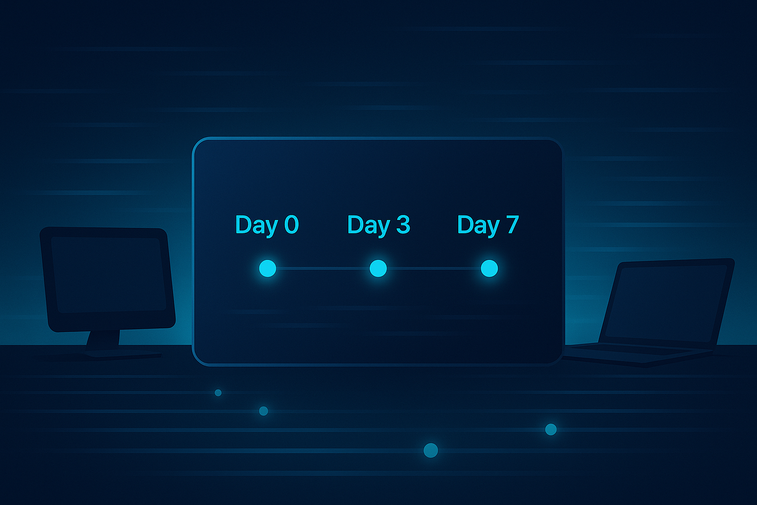 Minimalist digital calendar with timestamps and glowing nodes in a neon-lit, tech-inspired workspace.