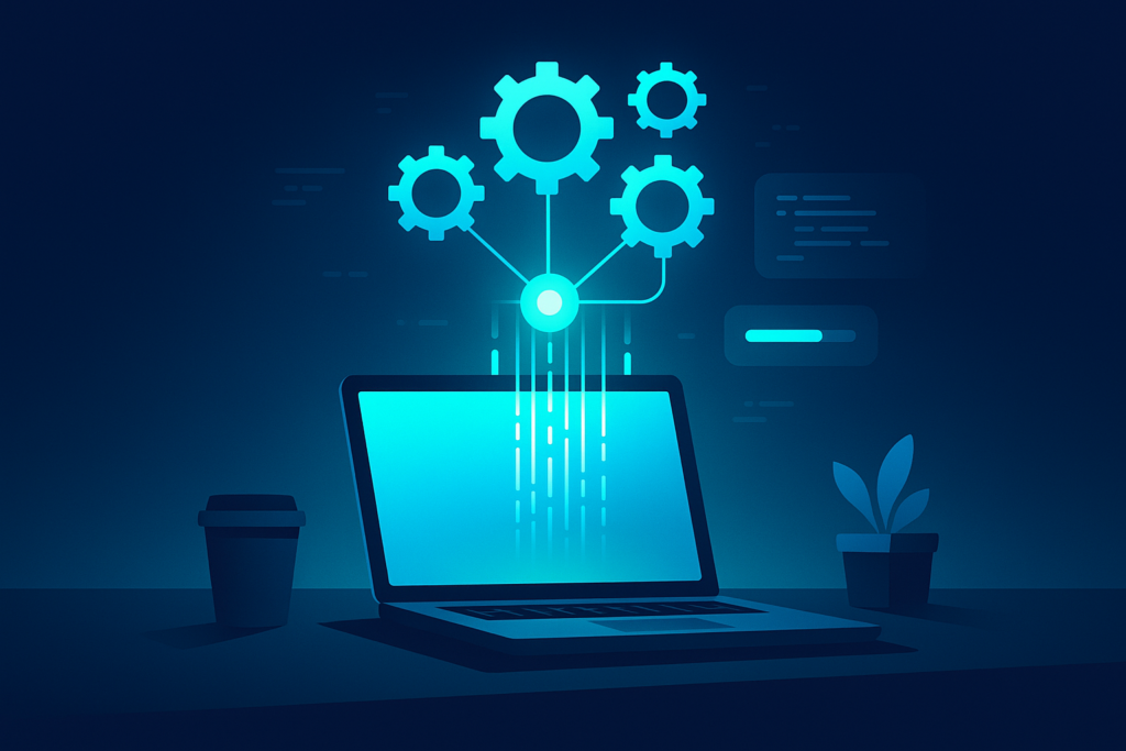 Minimalist digital workspace with glowing gears, data streams, and progress indicators.