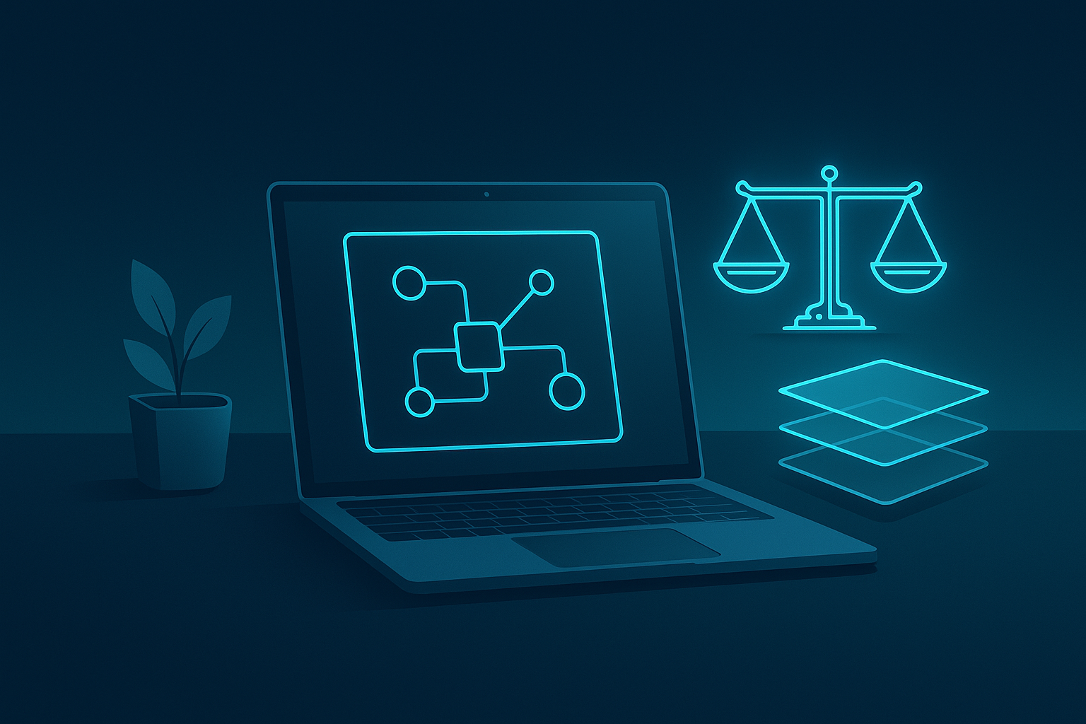 Minimalist tech workspace with digital blueprint, circuitry scale, and layered data in neon blue hues.