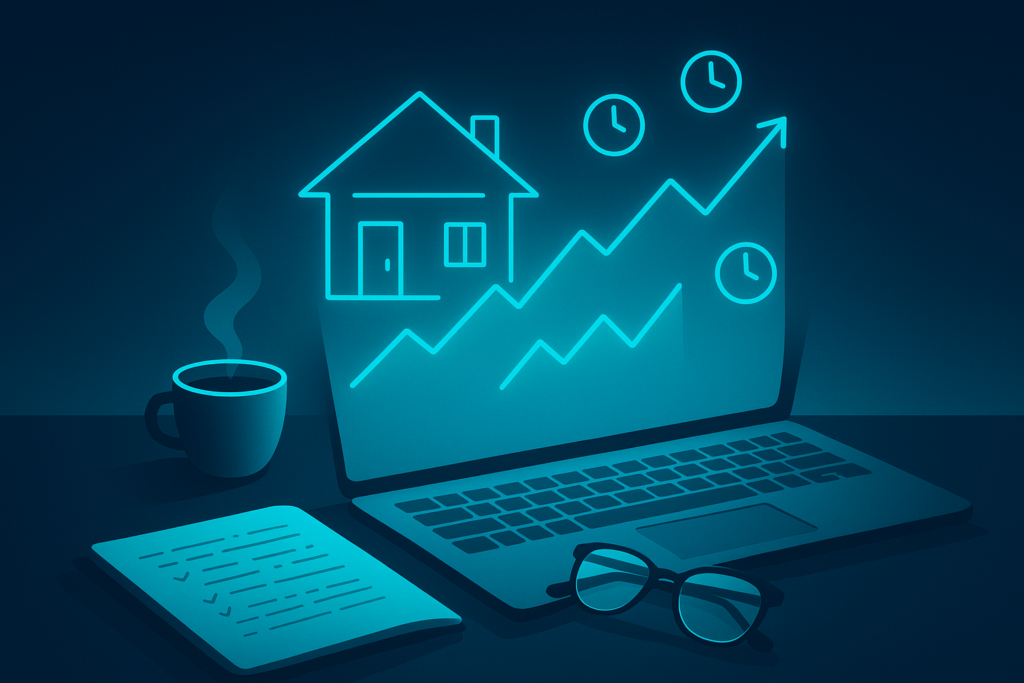 Minimalist workspace with digital house blueprint, rising graphs, clock icons, laptop, coffee, and glasses.