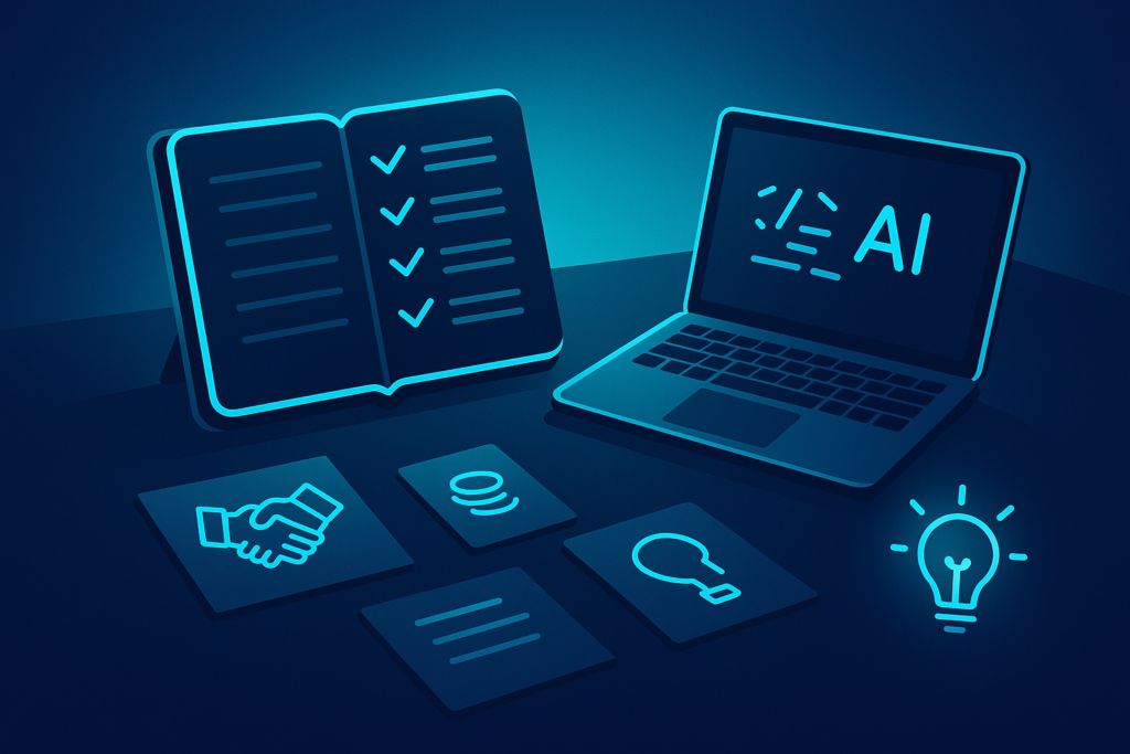 Minimalist workspace with digital planner, laptop, notes, and icons representing AI-assisted fundraising.