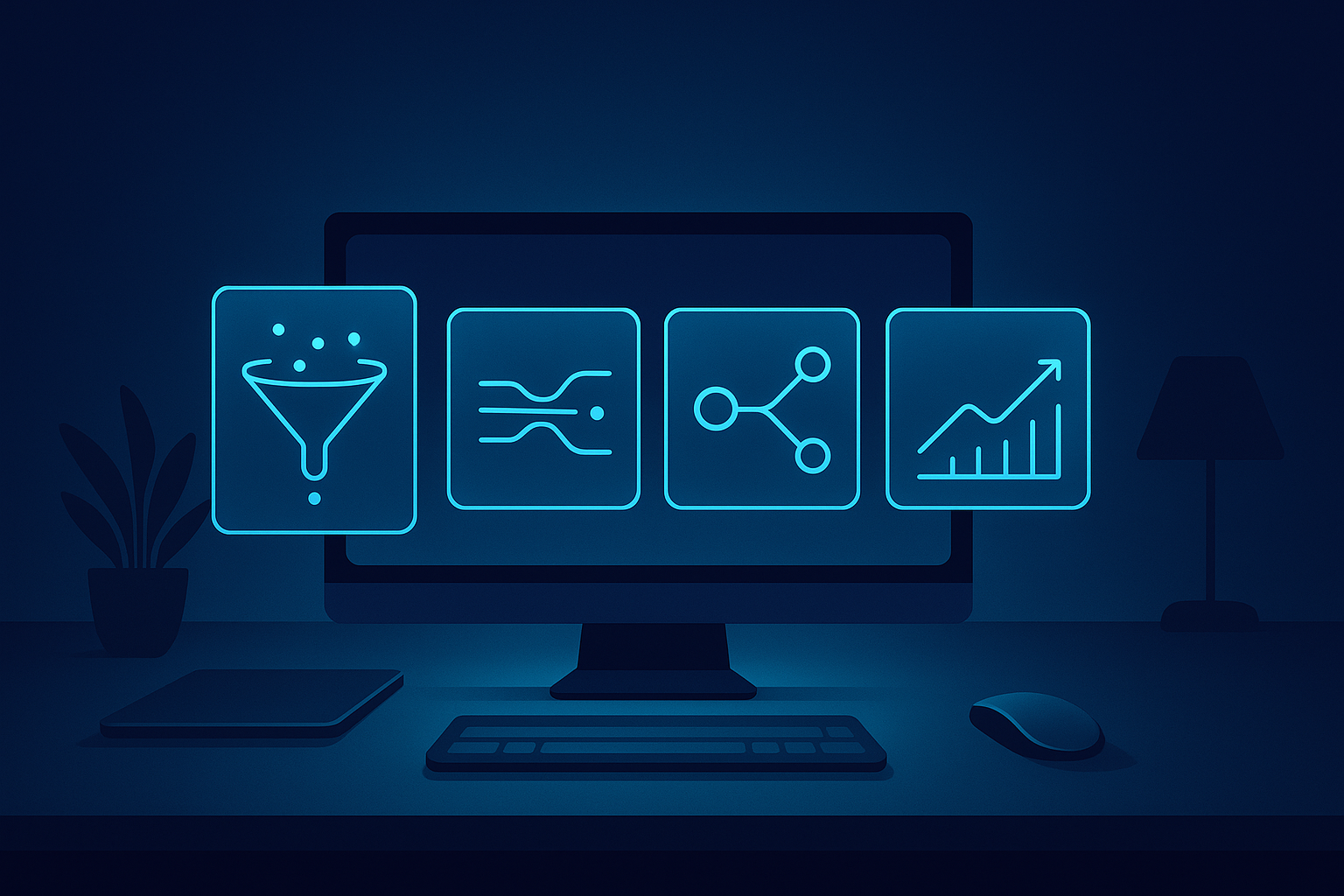 Minimalist workspace with four interconnected translucent panels displaying data flow and growth.