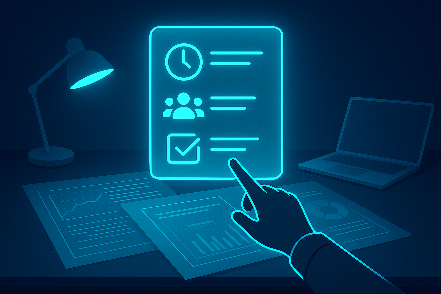 Minimalist workspace with holographic checklist, hand pointing, blueprints, data charts, neon glow.