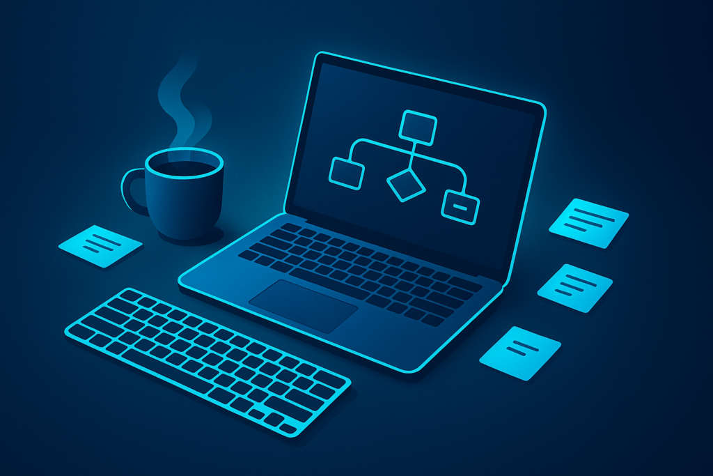 Minimalist workspace with laptop, coffee, notes, and keyboard in neon-lit dark blue and cyan tones.
