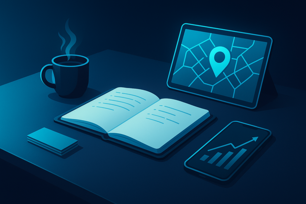 Minimalist workspace with planner, coffee, digital map, business cards, and smartphone showing growth.