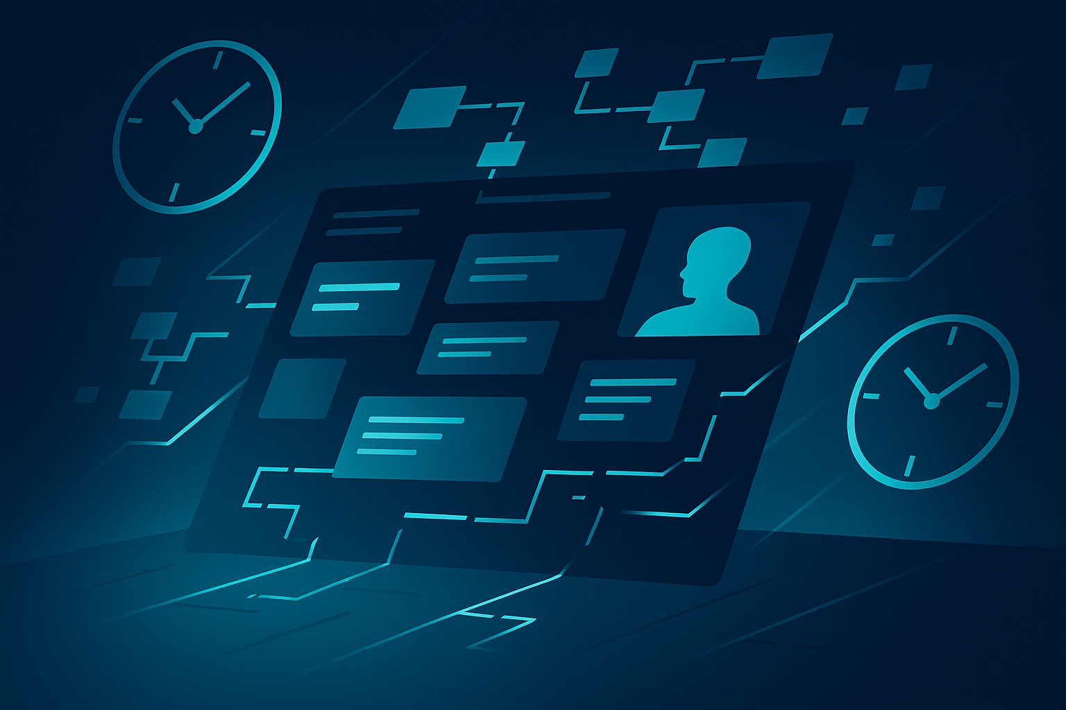 Modern digital dashboard with data cards, clocks, and flowcharts over dark neon-lit workspace.