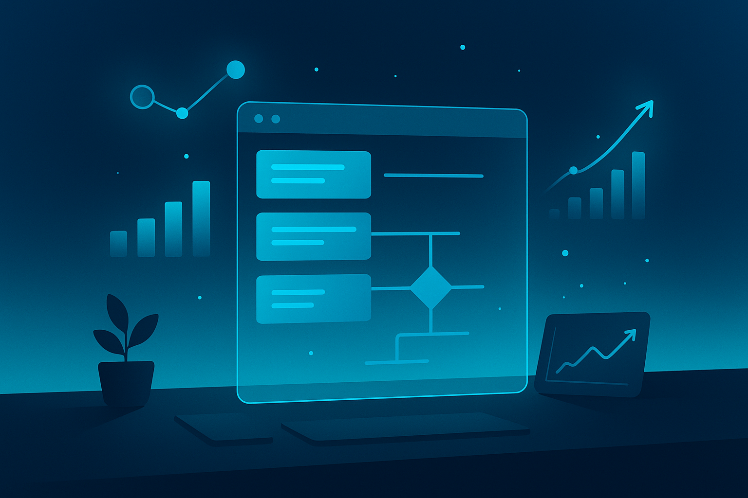 Modern digital dashboard with layered playbooks, holographic charts, and glowing data points in neon-lit workspace.