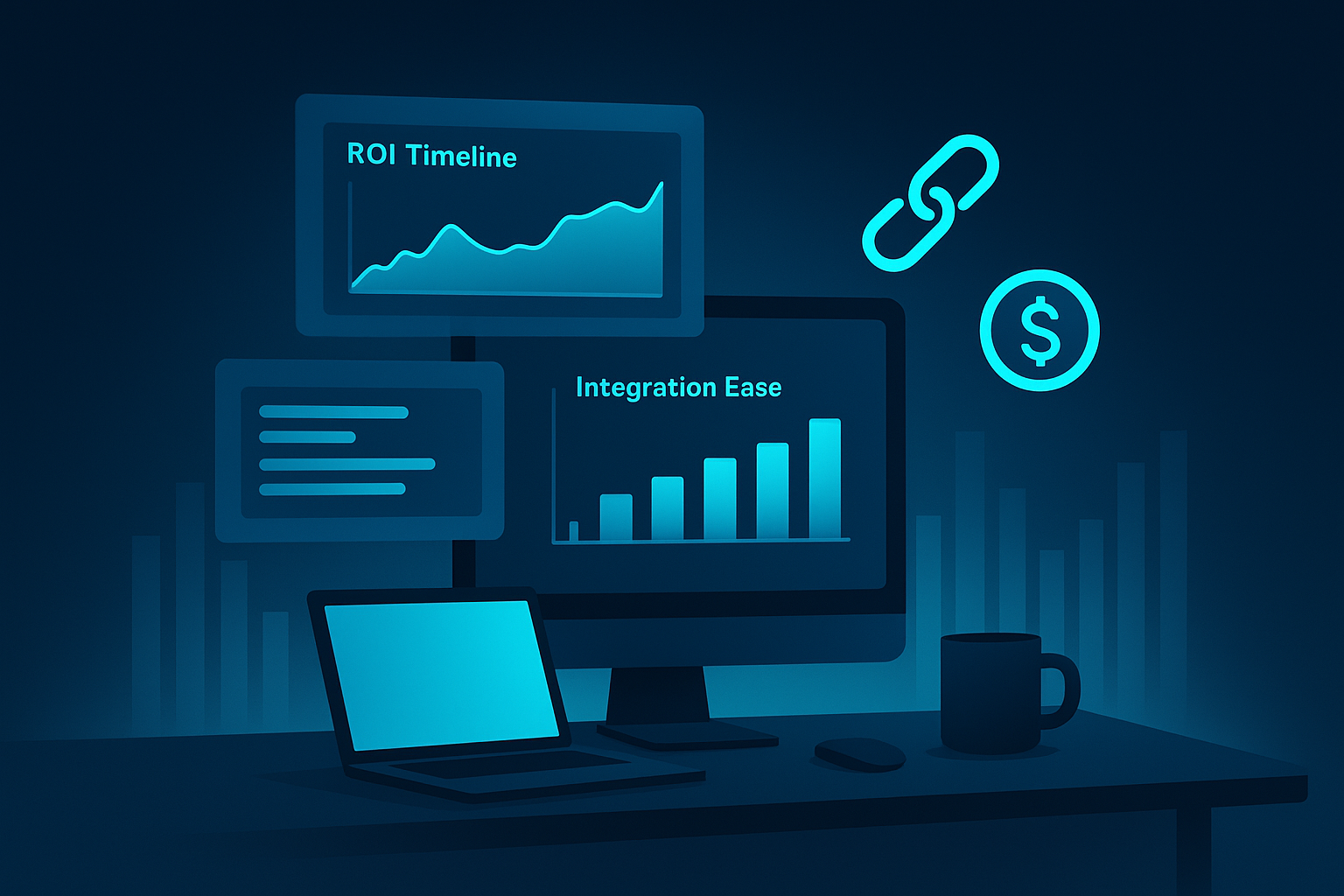 Modern digital workspace with glowing dashboards, holographic charts, and connection icons in neon blue and cyan.
