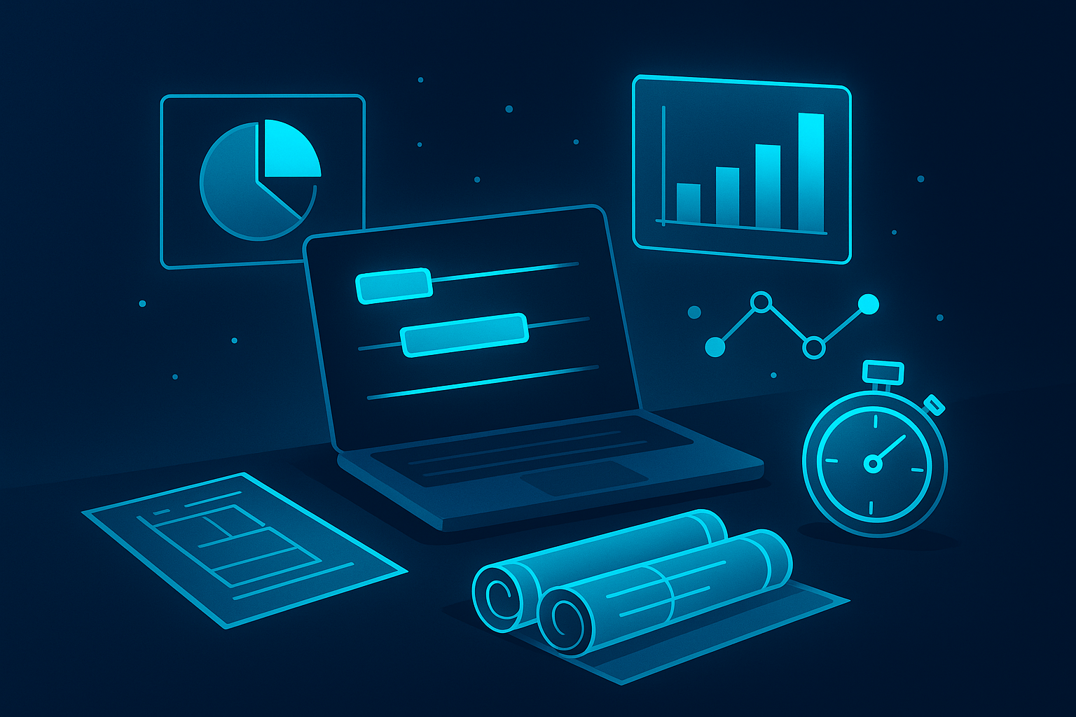 Modern digital workspace with timelines, charts, blueprints, and a glowing stopwatch in neon blue tones.