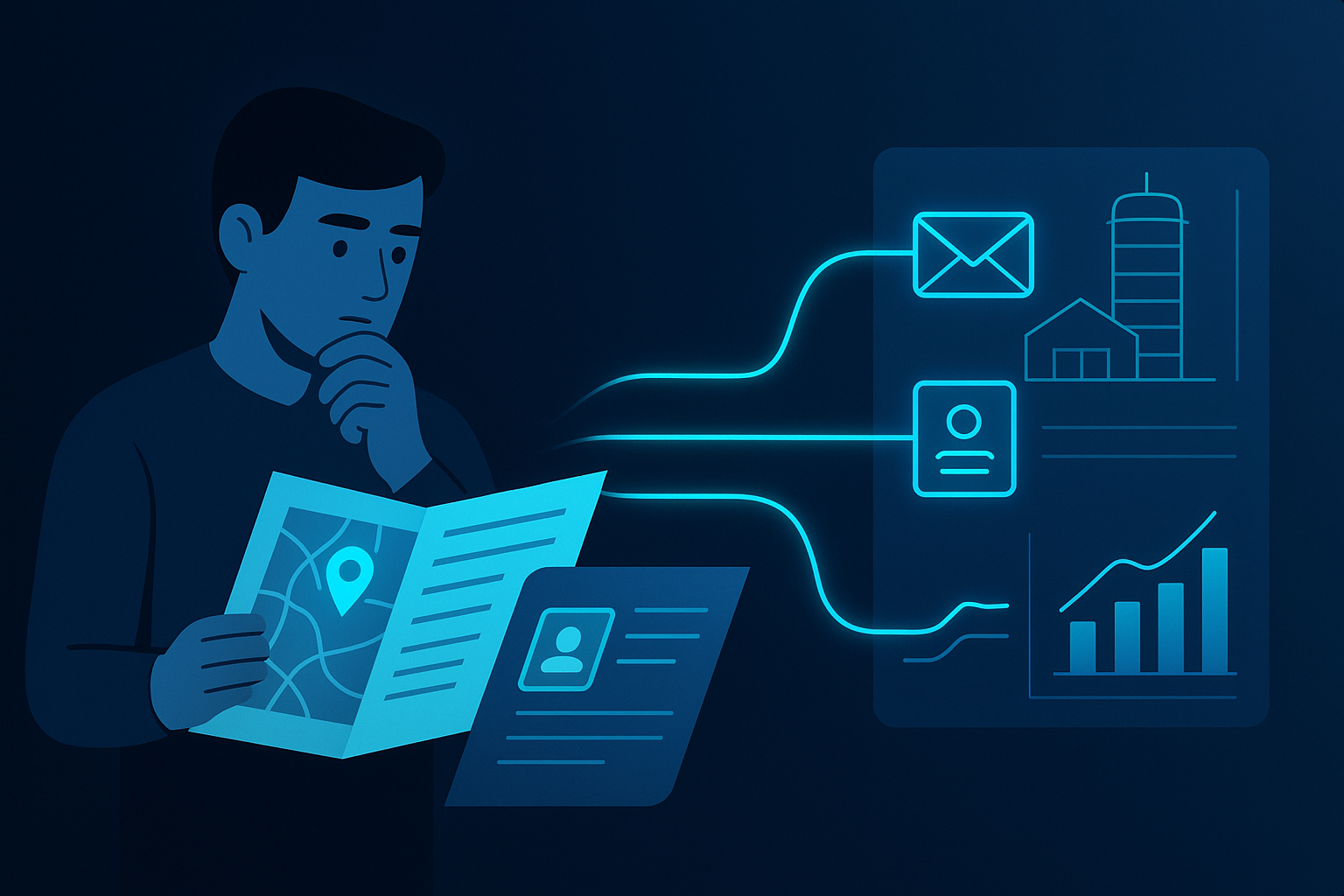 Modern flat illustration of a professional reviewing documents, digital flow, and industry blueprints.